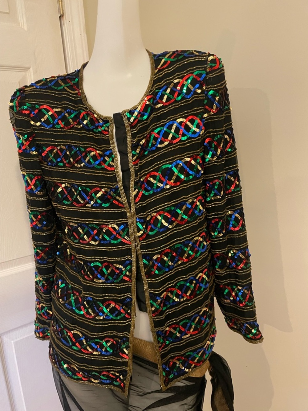 Laurence Kazar Black Sequin-Embellished Open Jacket with Gold Trim